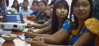 Garment workers at the workers rights training centre in Myanmar