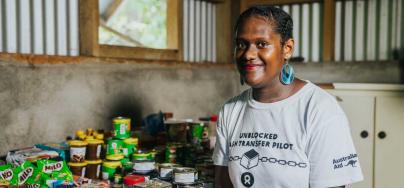 Pango, Vanuatu: Local Pango store owner Melika Kaluat at her store during the Oxfam/Sempo/ConsenSys led Unblocked Cash Blockchain pilot. Credit: Keith Parsons/OxfamAUS