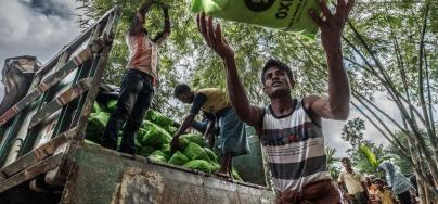 Oxfam's local partner Coast Trust helped to pack and load the food kits at Oxfam's warehouse in Cox Bazar. Credit:Tommy Trenchard / Oxfam