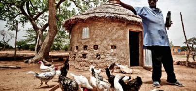 A man feeds hens, in Burkina Faso. Photo: Pablo Tosco/Oxfam