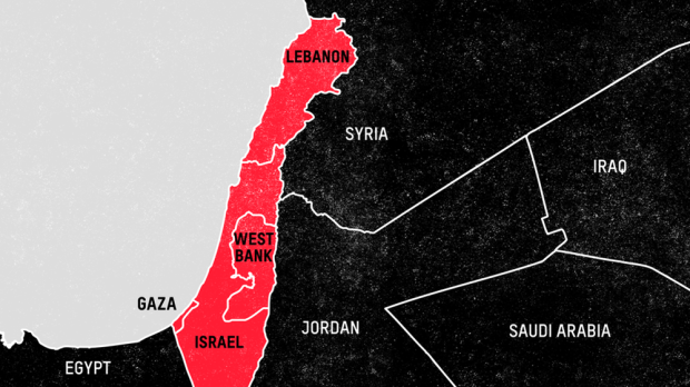 A map highlighting Israel, Gaza, West Bank, and Lebanon.